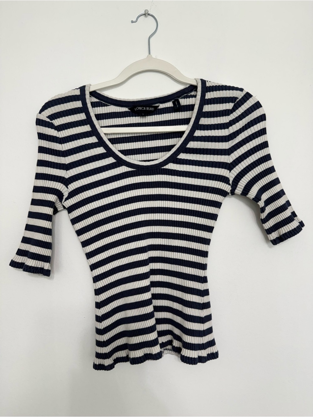 Veronica Beard Navy & White Striped Ribbed Scoop Neck Tee